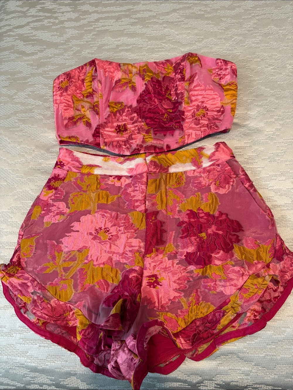 Floral Pink Strapless Crop Top & Shorts Set